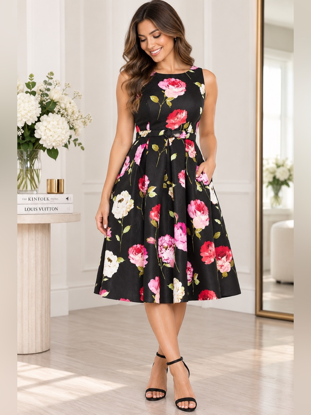 Danny & Nicole Black Fit-and-Flare Midi Dress with Pink & Red Floral Print